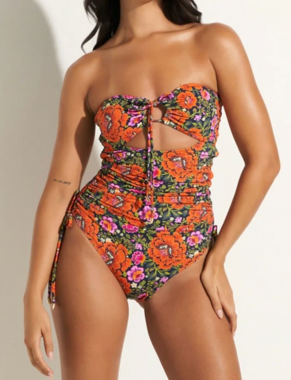 Dawn Marie Floral Cutout One Piece Swimsuit Ruched Halter Resort Vacation XL